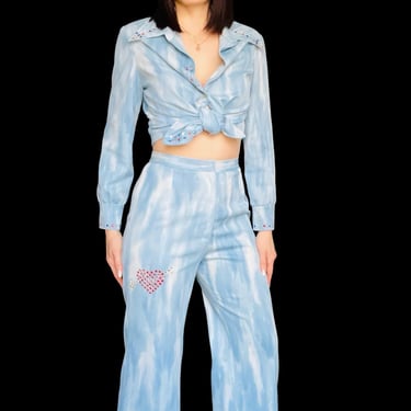 Vintage 1970s ROCKSTAR Rhinestone Studded Sky Blue Cloud Tie Dye Print Two Piece Blouse & High Waist Pants Outfit Set - size Medium 