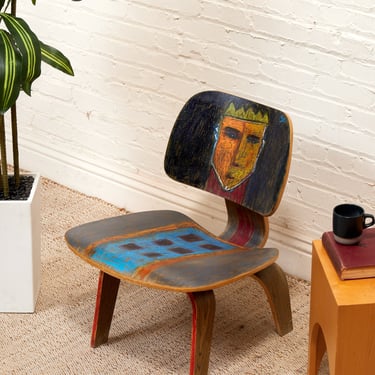 Spencer Collins Hand-Painted Eames Style Molded Plywood Chair with Abstract Portrait
