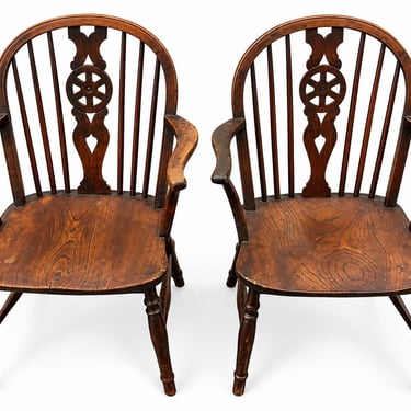 Antique Windsor Armchairs – Pair of Rustic Wood Country Dining Chairs 
