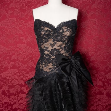 1980s Lillie Rubin Strapless Black Lace Dress with Structured Tulle Skirt and Bow 