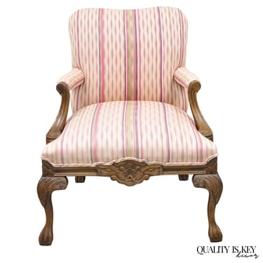 Vintage Georgian Style Carved Walnut Paw Foot Pink Upholstered Club Lounge Chair