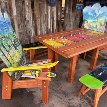 Outdoor Patio Set of 5- Includes: 2 Single Snowboard Benches, 2 Mural Painted chairs, 1 Outdoor Dining table with snowboard runner 