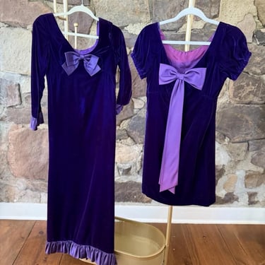 Vintage purple velvet dress, maxi, mini, costume, theatrical, 1960’s, Victorian, mod - set of two 