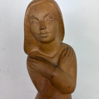 Vintage Hand-Carved Mid-Century French Modernist Art Deco Wooden Female Figure Sculpture 