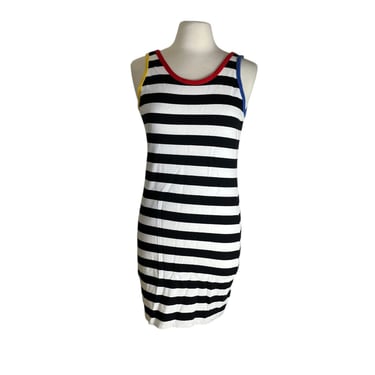 Vintage 80s 90s Surf Esprit Sport Black White Stripes Pullover Knit Dress Retro Size Large 