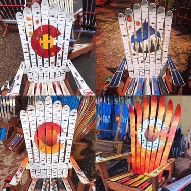 Patio Chairs Set of 4- Aspen Colorado Ski Chairs - Save when you buy a set  - Buy 3 get one free pricing -Repurposed Skis - Hand Painted Set 