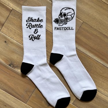 Shake Rattle & Roll black and white traditional tattoo skull unisex cotton blend crew socks &mdash; rockabilly pinup punk rock 