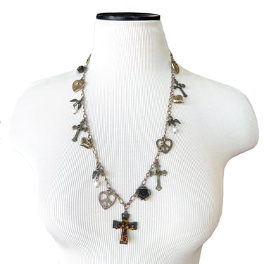 Betsey Johnson Charm Necklace with Cheetah Cross 