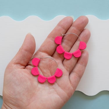 Hot Pink Daisy Reclaimed Leather Hoop Earrings 