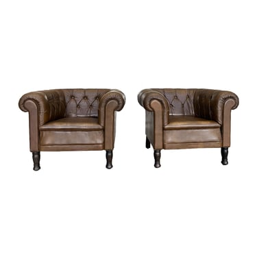 1940s Danish Brown Leather Tufted Club Chairs - A Pair