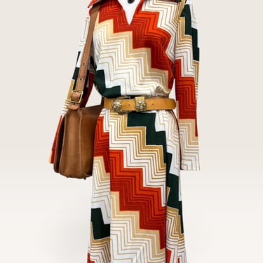 Vintage L'aiglon Dress 1970s Retro Womens + No Size Tag + Geometric + Zig Zag Pattern + V-Neck + Pointed Collar + L/S + Back Zipper 