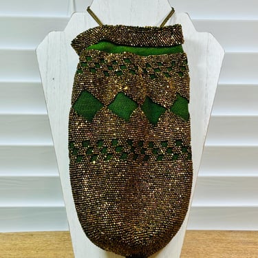 Antique Burnt Copper Cust Steel Beaded Drawstring Purse or Reticule 