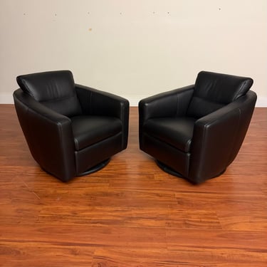 Pair of Black Leather Swivel Glide Club Chairs