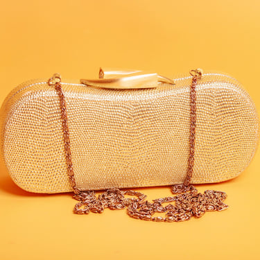 80s Gold Brass Metallic Boxy Textured Clutch Vintage Strappy Avant Garde Formal Purse 