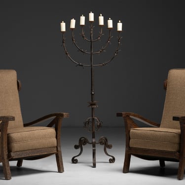 Gouged Easy Chairs / Iron Candelabra