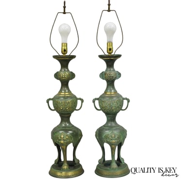Chinoiserie James Mont Style Green Bronze Chinese Foo Dog Table Lamps - a Pair