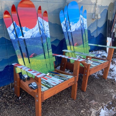 Set of 2 - Patio Chairs with real skis hand painted Swiss Alps Snowy Mountain mural &  with Sunset/ Blue Sky, or send us your own photo 