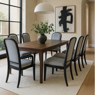 Set of Six Vintage Dining Chairs, Refinished Grey Wood, Reupholstered Seats 