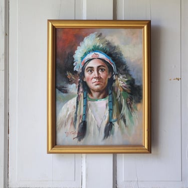 Vintage oil painting Native American portrait in gold toned frame by T J Coleman 