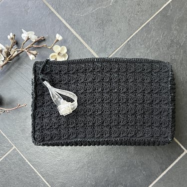 Vintage 1940s Black Cord Clutch Handbag Carved Lucite Twist Handle 