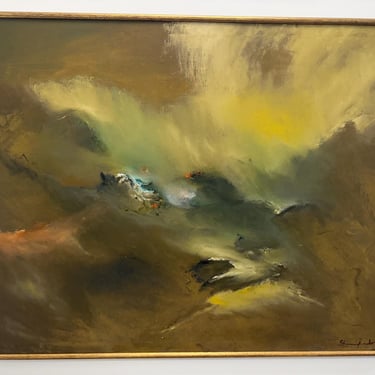 Large Mid Century Original Moody Abstract Landscape Painting, Oil on Canvas 
