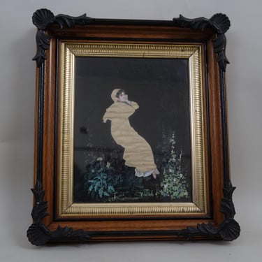 Antique Art Nouveau Framed Portrait Oil Painting - Ethereal Woman in Yellow Cloak 