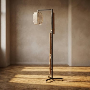 Italian Vintage Wooden Floor Lamp with Cord Shade, 1960s, 152 × 48 cm 