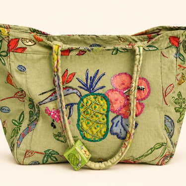 Sally Huss Tropical Canvas Tote Bag Beaded Pineapple Pink Flowers Zippered Purse 