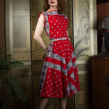 1980s Dress - Darling 1980s does 50s Bandana Print Dress in Red, Black and White 