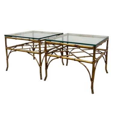 Free shipping within continental US -Vintage Mid Century Modern Style Faux Bamboo Gold Color Side End Table Set Attributed to Phyllis Morris 
