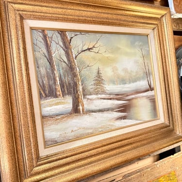 Vintage oil painting snowy banks and trees 20x24