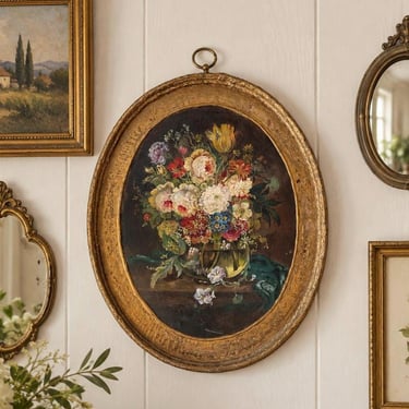 Vintage Oval Oil Painting Floral Still Life in Gilt Wood Frame Antique Wall Decor 