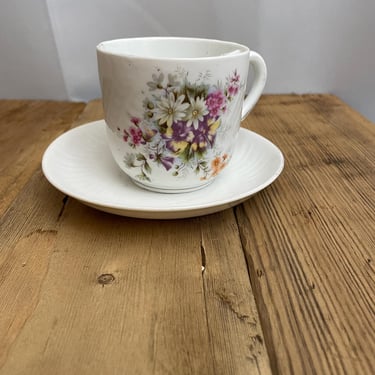Antique Mustache Tea Cup & Saucer Set Black Floral Bouquet Gold Leaf 