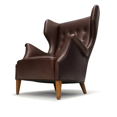 Danish Modern Leather Wingback Lounge Chair, Denmark, circa 1940s