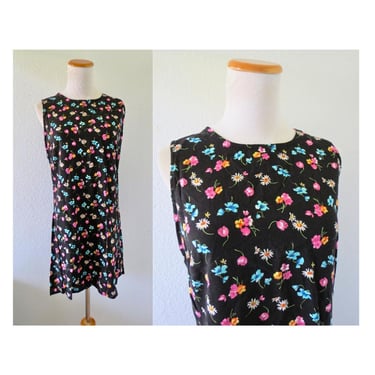 Vintage 90s Floral Mini Dress - Black Flower Print Rayon Sleeveless Summer Sundress - Size Medium 