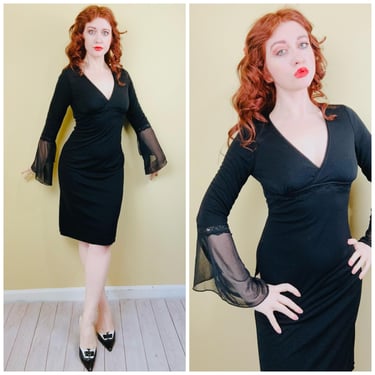 1990s Vintage La Belle Black Witchy Midi Dress / 90s Trumpet Sleeve Knit Wiggle Dress / Size Small 