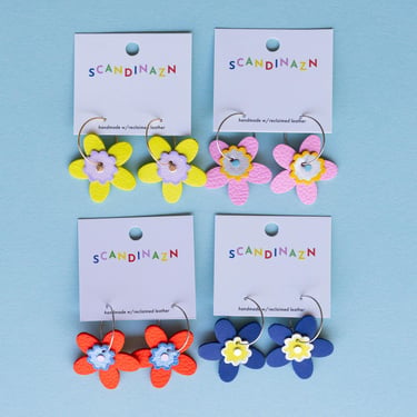 Flower Hoops Leather Earrings w/ Wavy Centers in Vivid Colours 