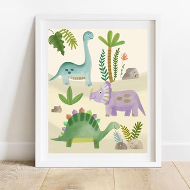 Pastel Dinosaurs 8 X 10 Art Print/ Prehistoric Herbavores Wall Decor/ Science & Nature Illustration/ Kids Bedroom Giclee Print 