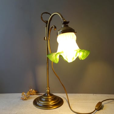 Vintage French  Brass Table Lamp,with  a white and green glass shade.Desk lamp. 
