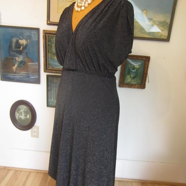 Black Lame' Dress, Y2K Does Disco 70's or 40's, Gathered Cap Sleeve,  Asymmetrical Hem 