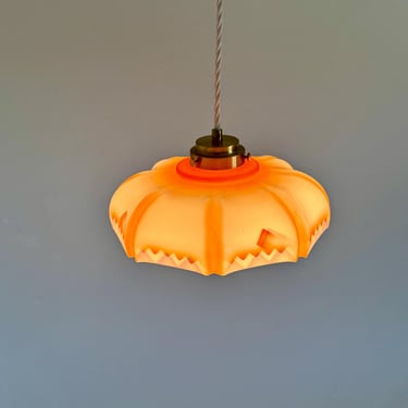 Vintage Art Deco Frosted Glass Pendant Lamp / Orange Geometric Ceiling Light / Mid Century Hanging Lamp / 1940s 