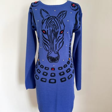 Vintage 1980s Blue Zebra Novelty Sweater Dress / XS-S 