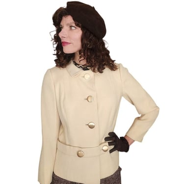 Vintage 1960s Mod Jacket Marshall Field Cream Wool Peplum Blazer Gold Buttons 