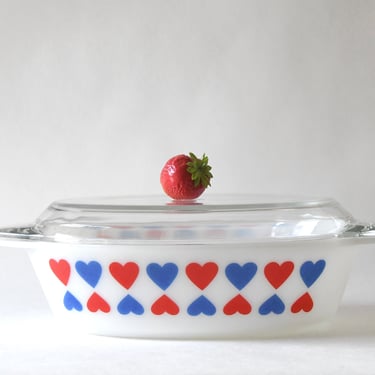 JAJ Pyrex Heart. Rare Bowl with Red and Blue Hearts. Oval Pyrex Glass Lid and dish. 1970s Cookery / Serving 