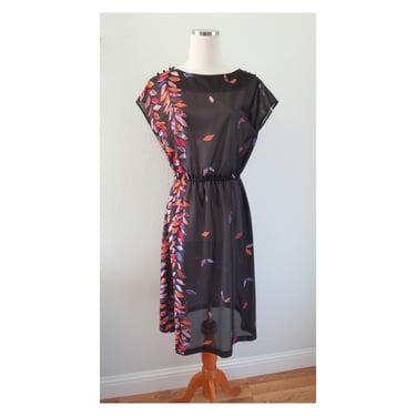 Vintage 70s Black Sheer Floral Midi Dress - Abstract Petal Print Shoulder Button Blouson - Boho Cocktail Outfit - Size Large 