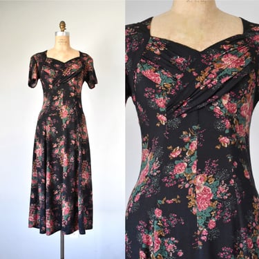 Hermione romantic floral maxi dress, pink black 80s does 40s dress, summer dress, erstwhile style, retro, women’s vintage, plus size dress 