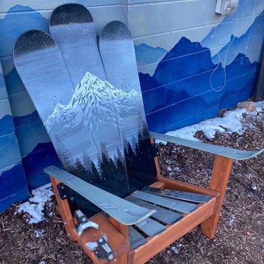 Custom Mountain Mural and Night Sky Ski & Snowboard Chairs, snowy mountains and night sky, Recycled Ski Chair, grey, silver 