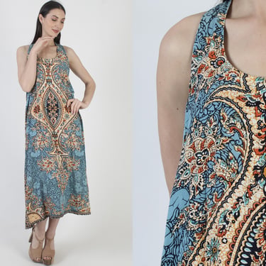 Ethnic Dashiki Dress, Long Batik Sundress, Vintage Indian Paisley Print, 70s Sun Cover Up 