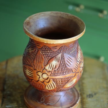 Vintage Hand Carved Wood Pedestal Vase 