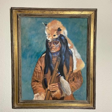 Glen S. Hopkinson Original Oil Painting – Native American Portrait with Fox Headdress – Signed Western Art 